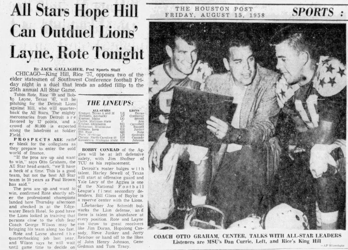 Rice Football (@ricefootball) on Twitter photo On this date in 1958, a pair of former Rice QBs faced off when the NFL champion <a href="/Lions/">Detroit Lions</a> met a team of collegiate all-stars in a preseason game. Tobin Rote started for the Lions, King Hill for the All-Stars, who stunned the champs 35-19.
#WE On this date in 1958, a pair of former Rice QBs faced off when the NFL champion <a href="/Lions/">Detroit Lions</a> met a team of collegiate all-stars in a preseason game. Tobin Rote started for the Lions, King Hill for the All-Stars, who stunned the champs 35-19.
#WE