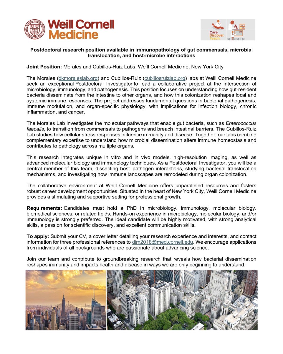 Juan Cubillos-Ruiz (@jcubruiz) on Twitter photo 🚨 We are hiring a Postdoctoral Researcher in Immunology & Microbial Pathogenesis! Join our team <a href="/WeillCornell/">Weill Cornell Medicine</a> in #NewYork to investigate how gut bacteria that escape their niche shape immunity and drive disease. Details below 👇 #Microbiome #Immunology #Immunotherapy 🚨 We are hiring a Postdoctoral Researcher in Immunology & Microbial Pathogenesis! Join our team <a href="/WeillCornell/">Weill Cornell Medicine</a> in #NewYork to investigate how gut bacteria that escape their niche shape immunity and drive disease. Details below 👇 #Microbiome #Immunology #Immunotherapy