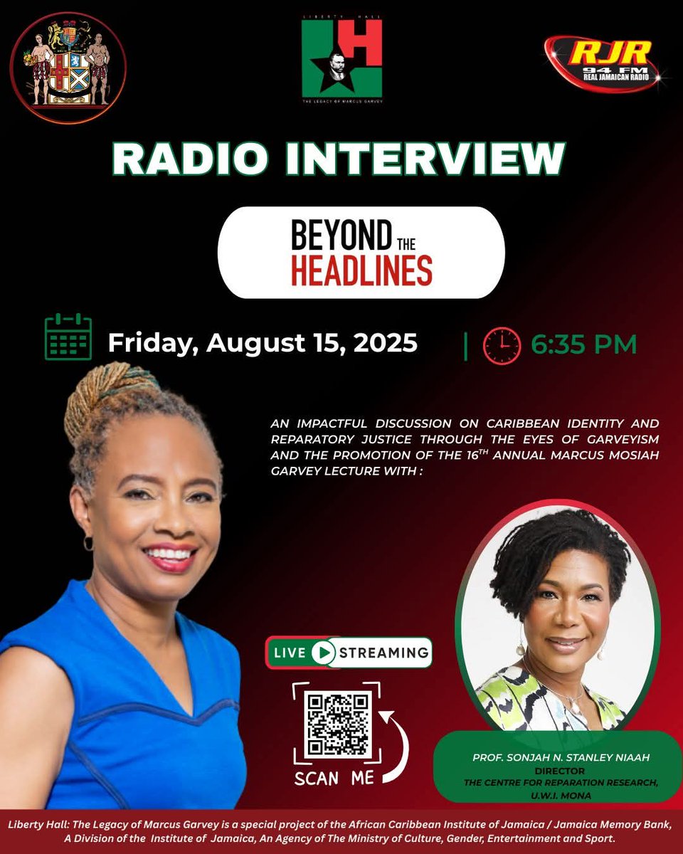 GarveyLH's tweet photo. Tune in to Beyond the Headlines with Dionne Jackson Miller THIS evening and unpack reparatory justice and Caribbean identity through the lens of Garveyism — joined by Prof. Sonjah N. Stanley Niaah, guest lecturer for the 16th Annual Marcus Mosiah Garvey Lecture. https://t.co/5wn5wmT0DO