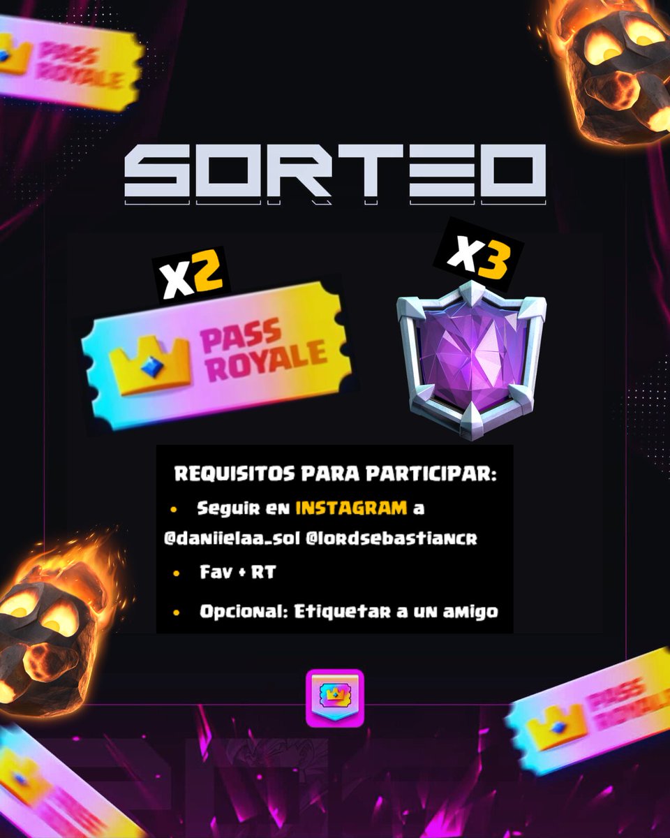 💴SORTEO/ GIVEAWAY x2 PASS ROYALE + 3 LINKS DE AMISTAD💴

✨Requisitos/ Requirements✨
- Follow: ✅
instagram.com/lordsebastianc…
instagram.com/daniielaa_sol/
- Like + RT✅ 
- Opcional: Etiquetar a un amigo✅

¡Ganadores/ Winners -> 72hrs!