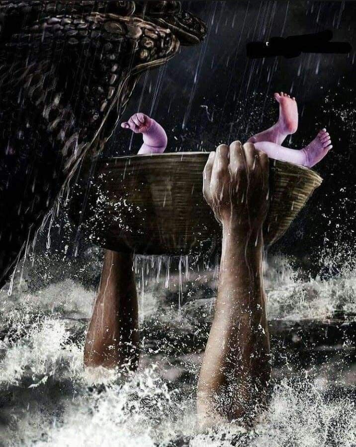HailKohli's tweet photo. The Arrival of Mighty Sri Vishnu as Krishna in the Stormy midnight, Flooded Yamuna, Under the Shielded serpent 🌊🌪️⚡
#SriKrishnaJanmashtami https://t.co/opdFTPjtIC