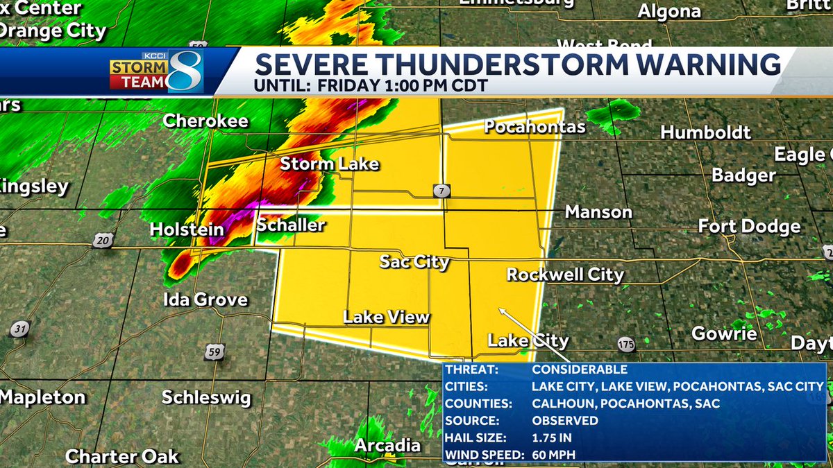 A Severe T-Storm Warning has been issued for Sac, Pocahontas, Calhoun until Aug 15 1:00PM. Damaging winds over 70mph or hail larger than golf balls (1.75") are possible, seek shelter indoors immediately until the storm has passed! #iawx