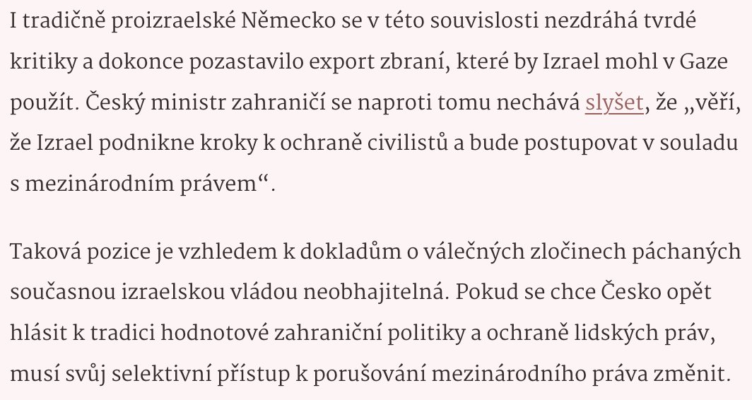 Skvěle vyargumentovaný text o tom, jak je současná česká pozice vůči Izraeli neobhajitelná.

Doporučuju k přečtení!