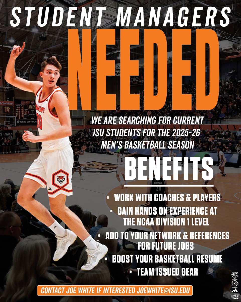 ISU MBB MANAGERS NEEDED‼️ 

If you are enrolled in classes this fall and want a great opportunity with our basketball team, email me ASAP! Great opportunity to be part of something special! Hands on and lots of fun! Hope to hear from you soon.

Please help us spread the word!