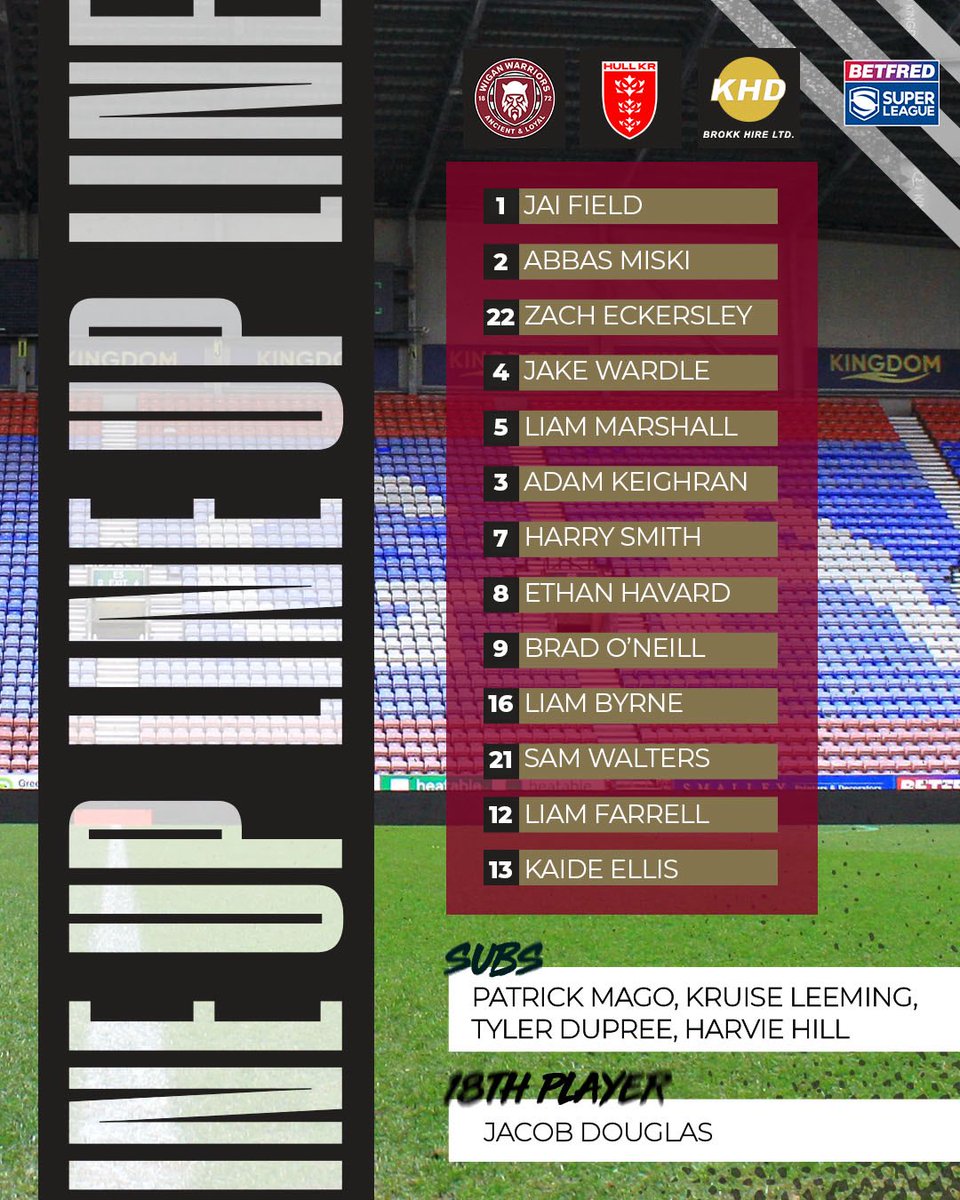 Wigan Warriors πβͺοΈ (@wiganwarriorsrl) on Twitter photo π π§πππ π‘ππͺπ¦
Your Warriors side to take on Hull KR tonight! π
<a href="/KHDBrokkHire/">KHD Brokk Hire</a> | #WWRL #SLWIGHKR π π§πππ π‘ππͺπ¦
Your Warriors side to take on Hull KR tonight! π
<a href="/KHDBrokkHire/">KHD Brokk Hire</a> | #WWRL #SLWIGHKR
