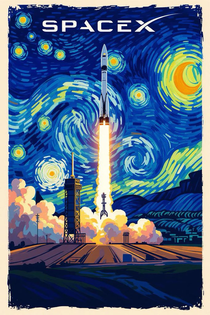 Grok Imagine prompt:

a SpaceX launch in the style of Van Gogh