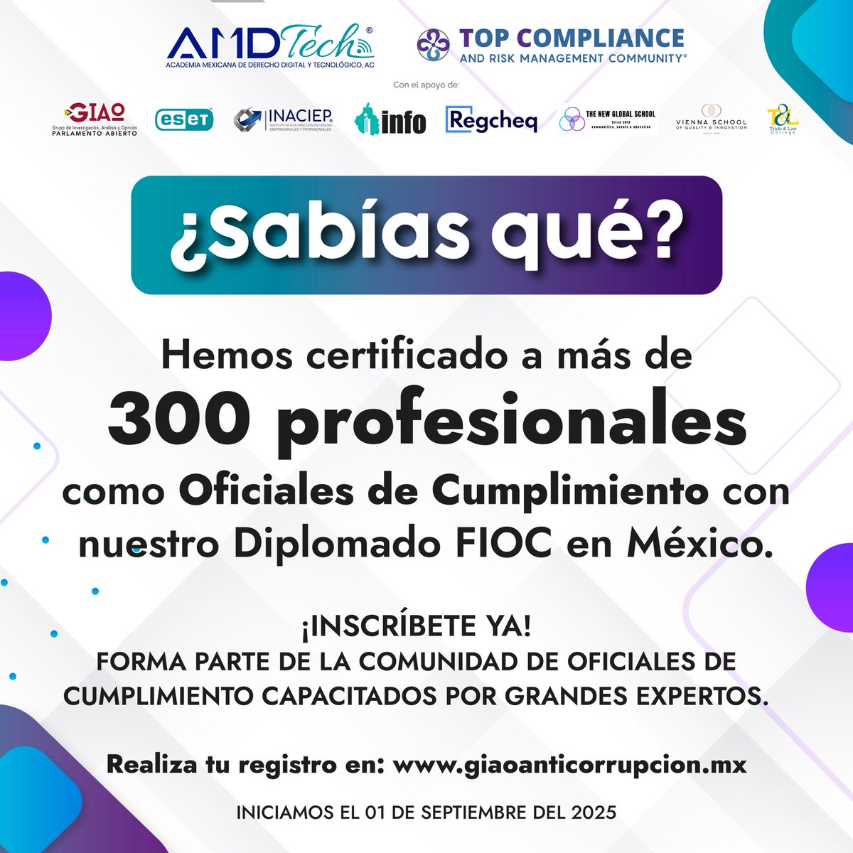 🎓 Certifícate como Oficial de Cumplimiento con el Diplomado FIOC.
Ya son +300 líderes en LATAM fortaleciendo el ecosistema de compliance.
🚀 Sé referente en cumplimiento, riesgos y seguridad.
🔗 Inscríbete hoy: giaoanticorrupcion.mx/eventos