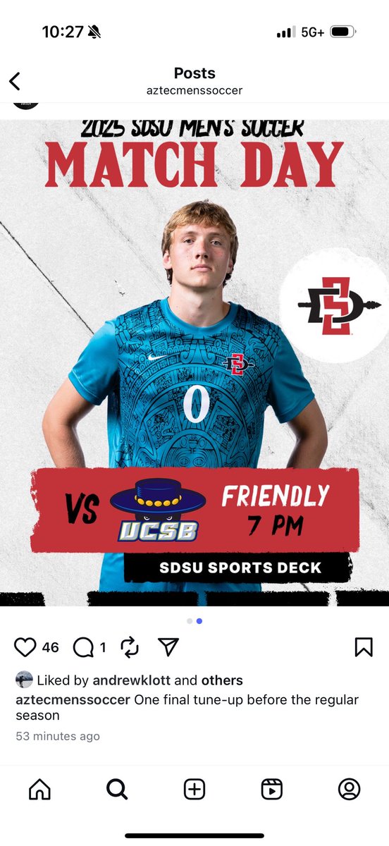 Gameday Andrew gets his first touches tonight against UC Santa Barbara 7pm looking forward to a good game