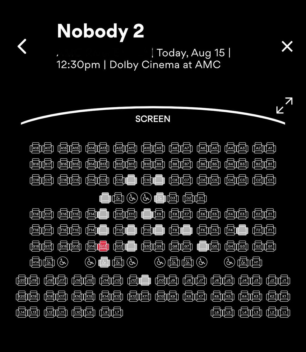 Got a really beautiful Friday afternoon showing of Nobody 2, everyone is seeing it alone and respecting the one seat between rule
