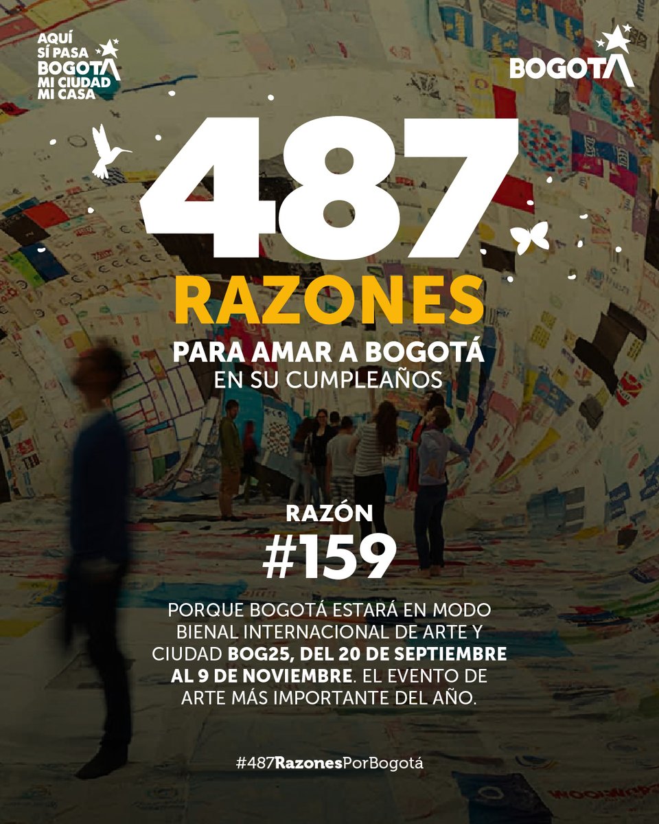 🎨 Razón #159 para amar a Bogotá:
Del 20 de septiembre al 9 de noviembre, la ciudad será un gran lienzo con la Bienal Internacional de Arte y Ciudad BOG25. #AquíSíPasa | Calles, museos y plazas se llenarán de arte, diálogo y creación. 🌆 #487RazonesPorBogotá #BOG25