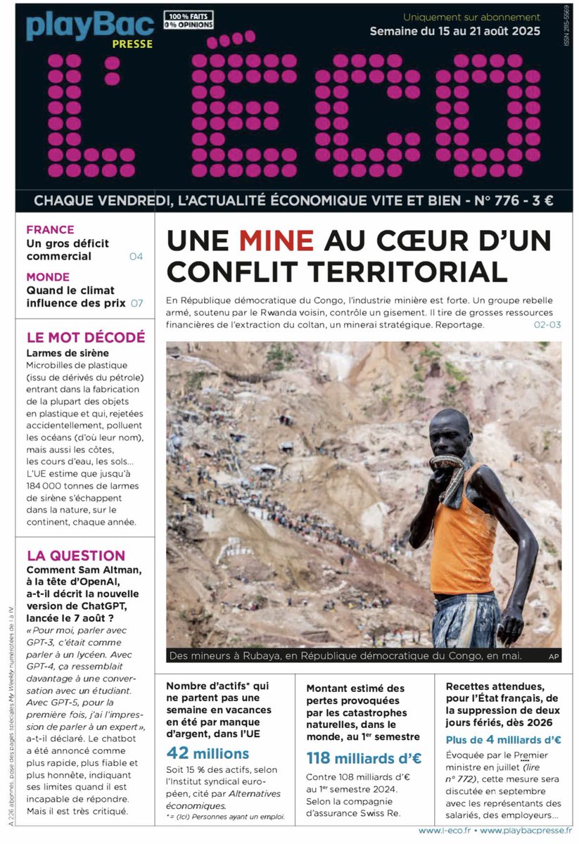 Afiri1789's tweet image. “Coltan under fire,” reports “L’Éco”. In DR Congo, rebels of M23, backed by Rwanda, control Rubaya mine—20–30% of global supply. Worth €700k/month, it fuels war while locals earn $38. Demand for tantalum soars; so do tensions. #ConflictMinerals
👣🔁 #PressReview