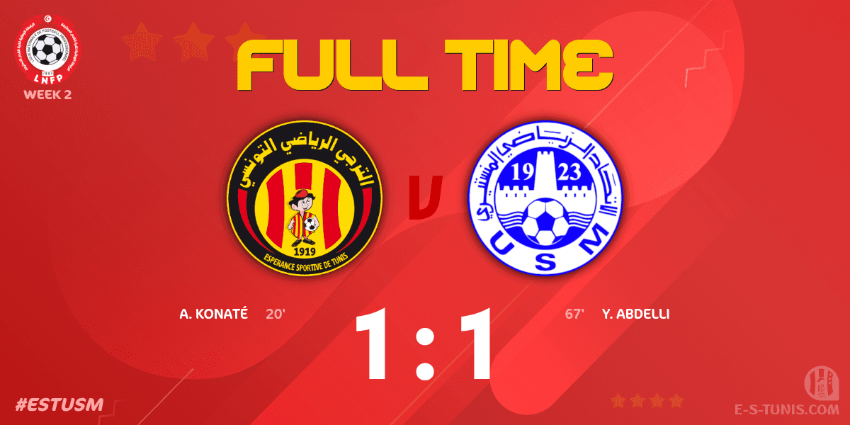 ESTuniscom's tweet photo. ⏱ FT | #Ligue1Tn🇹🇳 Week 2 #ESTUSM | @ESTuniscom 1⃣-1⃣ #USMonastir : End of the match / نهاية المباراة / Fin du match https://t.co/AGcfz7je2s