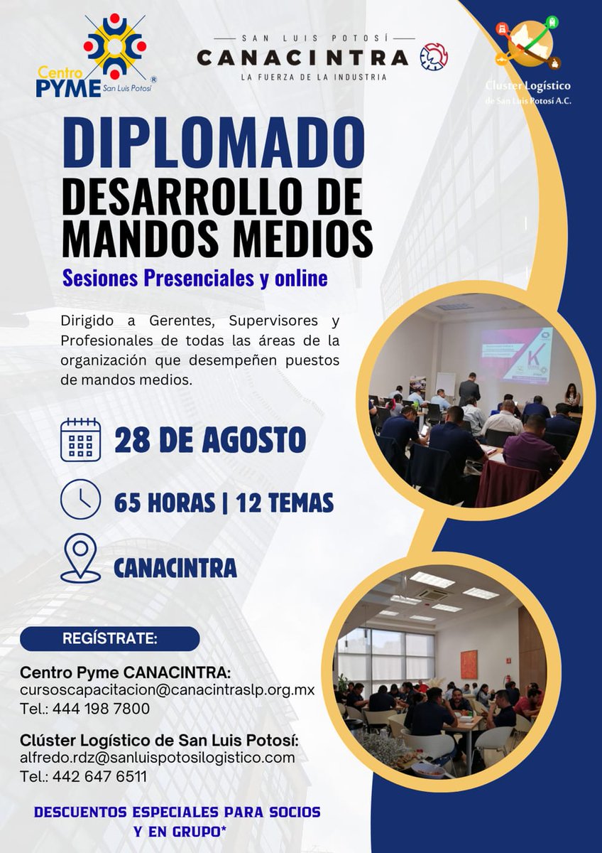 Te invitamos a unirte a la 6ª edición del Diplomado en Desarrollo de Mandos Medios, en modalidad híbrida, donde se desarrollarán 12 talleres, con duración total de 65 horas.

Fecha: 28 de agosto

Descuento socios.

Informes: cursoscapacitacion@canacintraslp.org.mx o 4441987800