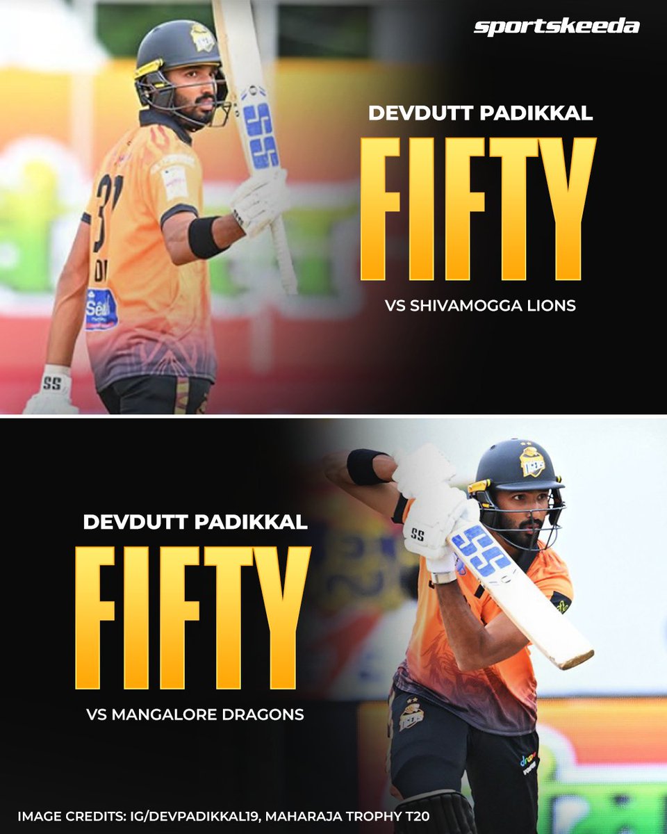 Sportskeeda's tweet photo. Hubli Tigers skipper Devdutt Padikkal is on fire! 🔥
Two fifties in three games — leading from the front! 🤝
#DevduttPadikkal #MaharajaT20 #HubliTigers #Sportskeeda https://t.co/X9ZyEbDBEu