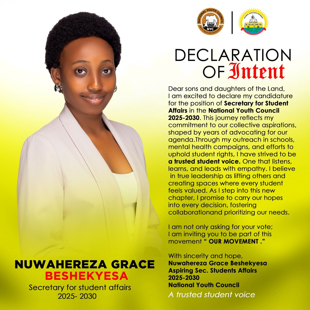 Today!! I humbly declare my desire and prayer to serve the youth of my motherland Uganda as the Secretary for student affairs in the National Youth Council 2025-2030. I’m committed to prioritizing the needs and interests of all the student- youths of this Country.