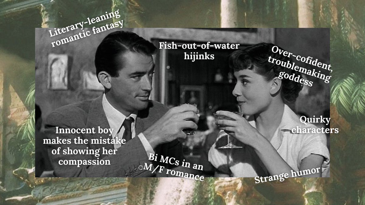 A twist on ROMAN HOLIDAY + a touch of MIDSOMMAR, set in a reimagined ancient Babylon

🧞‍♀️ Morally questionable muse trapped in a human body
🥐 Timid boy who takes pity on her
🤺 Sisters seeking vengeance on each other
🍷 Creepy rituals
🏺 Mesopotamia-inspired
#QueerPit #A #F #FR