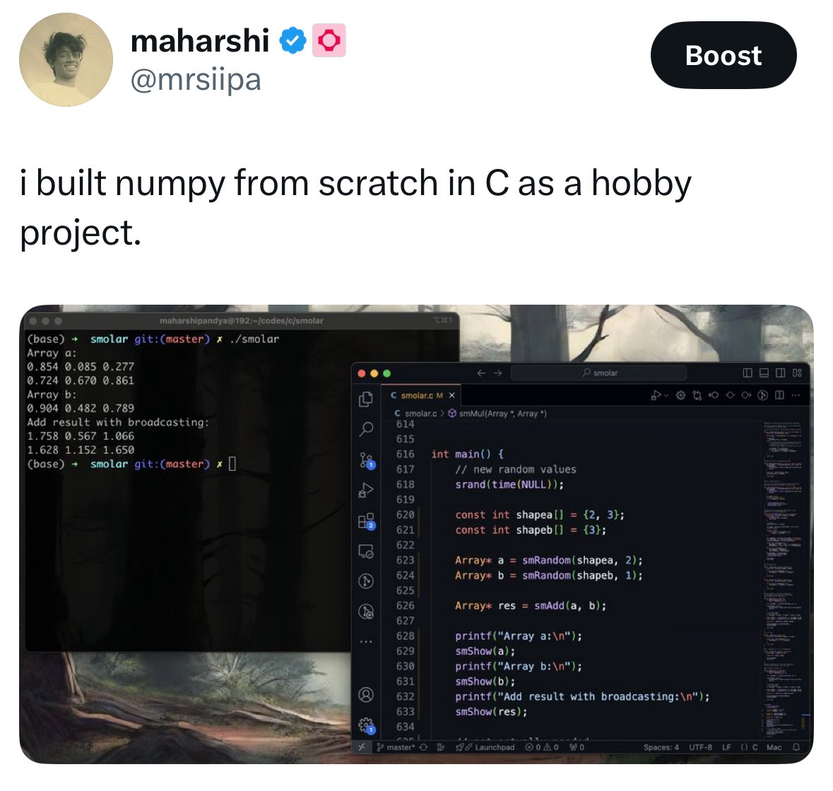 mrsiipa's tweet image. some backstory: when i first started to use numpy (a bit after my 12th grade) i was surprised to see how fast it was and most importantly, how it handled n-dimensional arrays not just two. i remember writing a simple matmul in C and thinking what would it take to go from two to…
