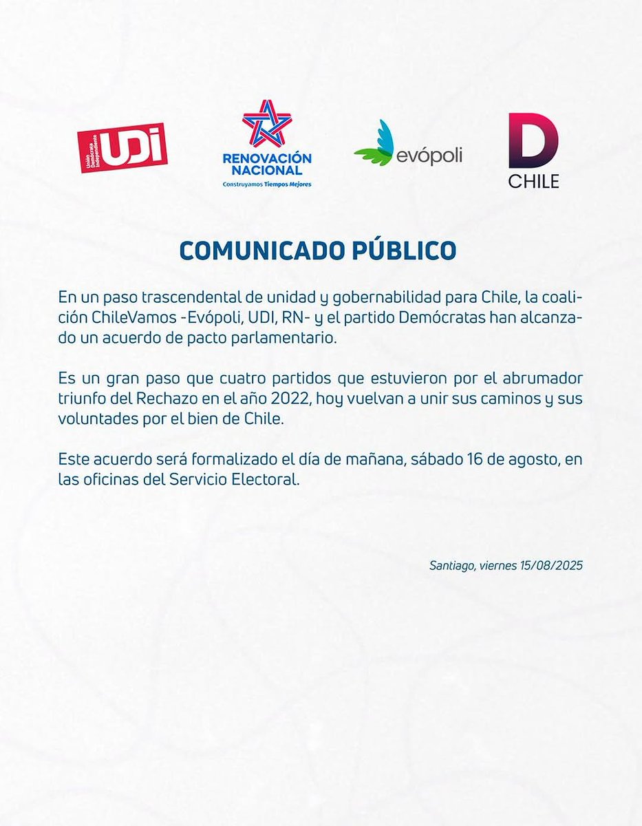 evopolinunoa's tweet photo. En un paso de unidad y gobernabilidad para Chile, la coalición ChileVamos -Evópoli, UDI, RN- y el partido Demócratas, han alcanzado un acuerdo de pacto parlamentario.
Es un gran paso que partidos que estuvieron por el Rechazo, hoy vuelvan a unir sus caminos por el bien de Chile. https://t.co/9NBj76hujh