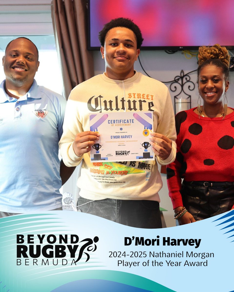 This year's Beyond Rugby Bermuda Nathaniel Morgan Player of the Year Award recognizes D'Mori Harvey's excellence in academics, rugby skills, emotional growth and his vision for the future. He is a role model who lives the core values of Beyond Rugby. Congratulations to D'Mori! 🎉