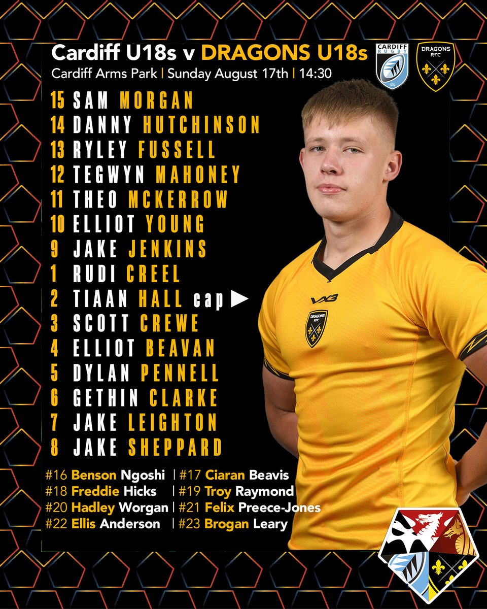 dragonsrfc's tweet photo. 🌱 𝗔𝗖𝗔𝗗𝗘𝗠𝗬 𝗨𝟭𝟴𝘀 𝗧𝗘𝗔𝗠 | Our U18s team to face @Cardiff_Rugby at the Arms Park tomorrow, Kick off at 14:30.👊

💥 Tiaan Hall captain
💨 Theo McKerrow &amp; Ryley Fussell in from 🏴󠁧󠁢󠁷󠁬󠁳󠁿 U18s dev.
👏 14 Gwent clubs represented!

Go down &amp; support our future💪

#WeAreGwentRugby https://t.co/X45iQLNzcL