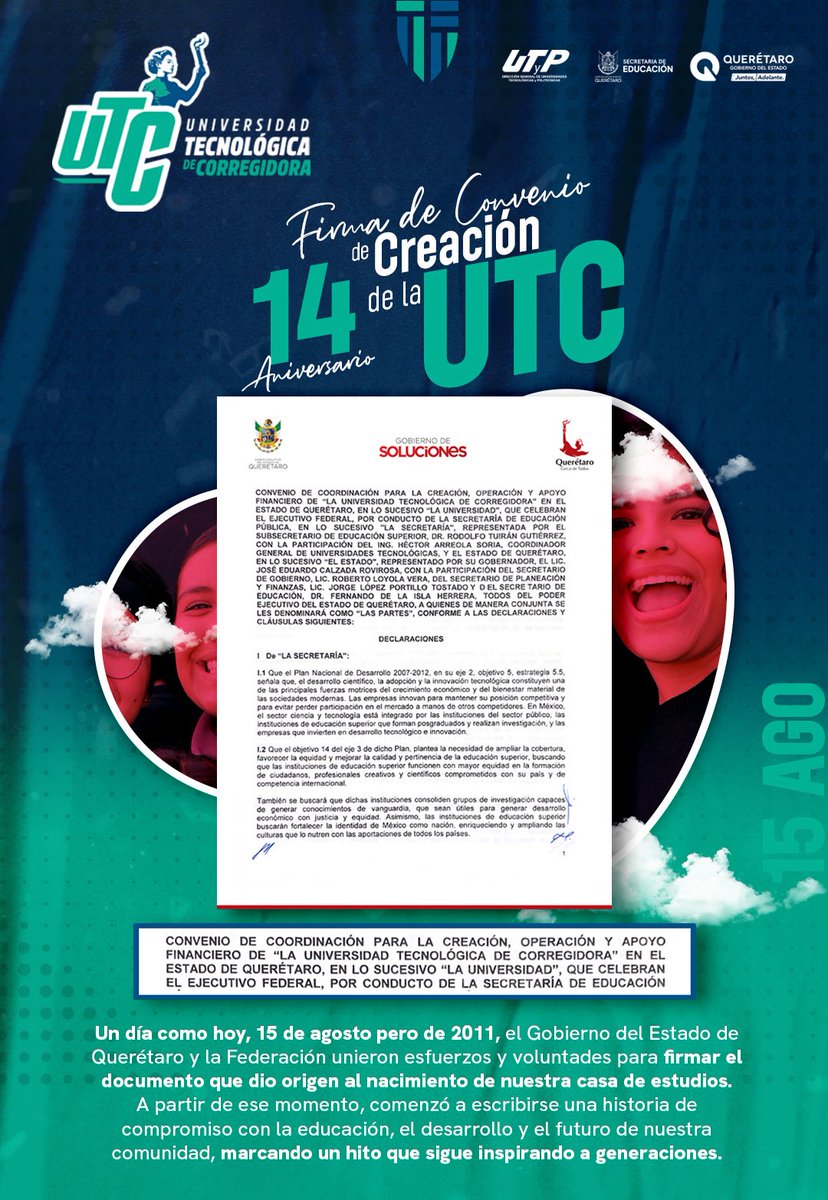 Hoy es un día especial para la comunidad UTC, en 2011 inició el reto de consolidar una institución de Educación Superior que construya los sueños de las y los jóvenes de Corregidora y Querétaro. A 14 años de esta fecha, nos sentimos muy orgullosos de los logros alcanzados por