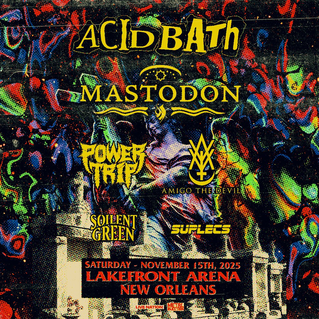 SoilentGreen's tweet photo. Tickets on sale now!!! Saturday, November 15th!!

Acid Bath, Mastodon, Power Trip, Amigo The Devil, Soilent Green &amp; Suplecs at the UNO Lakefront Arena.

GET TICKETS HERE:
https://t.co/G2i5uiIqOE

#neworleanslivemusic #lakefrontarena #soilentgreennola #nola #blastfromthepast https://t.co/IxfciMEXzT