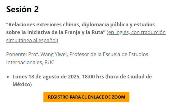 EmbChinaMex's tweet photo. Curso en línea: “Implicaciones globales del socialismo con características chinas en la nueva era”, organizado por la Universidad Renmin de China (RUC), en colaboración con la Universidad Nacional Autónoma de México (UNAM) y la Red Académica de América Latina y el Caribe sobre China (Red ALC-China).
Modalidad: En línea vía Zoom con traducción simultánea (chino/inglés/español)
Constancia de participación: 10 horas
Costo: Gratuito

Sección 2
“Relaciones exteriores chinas, diplomacia pública y estudios sobre la Iniciativa de la Franja y la Ruta” (en inglés, con traducción simultánea al español)
Ponente: Prof. Wang Yiwei, Profesor de la Escuela de Estudios Internacionales, RUC 
Lunes 18 de agosto de 2025, 18:00 hrs (hora de Ciudad de México)

Para mayor información e inscripciones:
https://t.co/i16s4QMyFr
