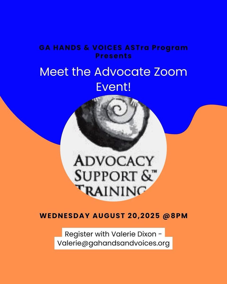 GAHandV's tweet image. Georgia Hands &amp;amp; Voices, Advocacy, Support, &amp;amp; Training (ASTra) Program cordially invites you to the “Meet Your ASTra Advocate" on zoom Wed., August 20th at 8pm. email Valerie to receive the private zoom link. valerie@gahandsandvoices.org