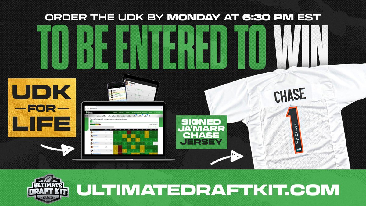 WE ARE GIVING AWAY THE UDK FOR LIFE 🤯 + a signed Ja'Marr Chase jersey 🔥 

That's right, you could win a free Ultimate Draft Kit every year, forever...

How do you enter for a chance to win?

You must order the 2025 Ultimate Draft Kit, the 2025 UDK+, or sign up as an Ultimate