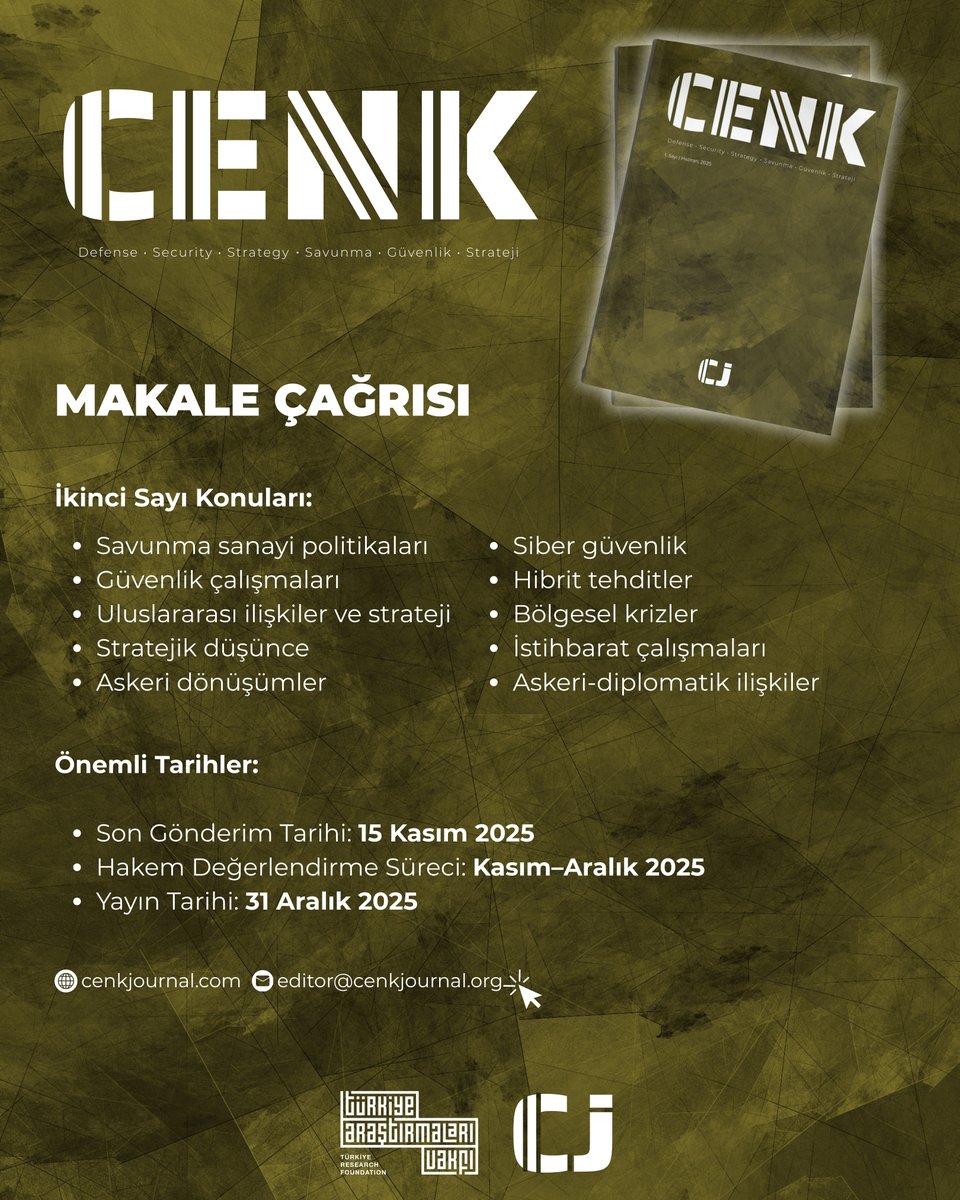 CENK Dergi | İkinci Sayı Makale Çağrısı!

📄 Aralık ayı sayısı için Türkçe veya İngilizce yazılmış özgün çalışmalarınızı bekliyoruz.

• Son Gönderim Tarihi: 15 Kasım 2025
• Yayın Tarihi: 31 Aralık 2025

✉️ Başvuru &amp; İletişim: editor@cenkjournal.org

🔗 İlk sayımızı