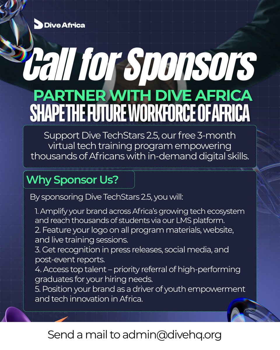 TrydiveHq's tweet photo. Support Africa’s next wave of tech talent!

Dive Techstars 2.5 will train 5,000+ youths in 8 in-demand tech fields — FREE.
We’re seeking sponsors to help power this mission.
📩 Partner with us: [admin@divehq.org]

#TechForGood #DiveAfrica #FutureOfWork https://t.co/PRKM88MhjM