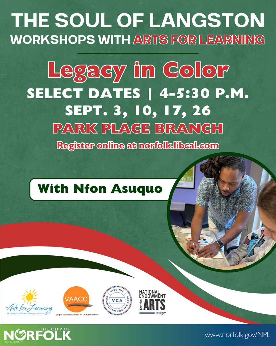 NorfolkPublicLibrary (@norfpubliclib) on Twitter photo Arts for Learning Virginiaโs Nfon Asuquo will use visual arts to lead participants in interactive workshops to explore poet Langston Hughesโs impact on literature, culture, and social justice! โโ๏ธ
๐ Sept. 3, 10, 17, 26
โฐ 4-5:30 p.m.
๐ Park Place Branch Library
To learn Arts for Learning Virginiaโs Nfon Asuquo will use visual arts to lead participants in interactive workshops to explore poet Langston Hughesโs impact on literature, culture, and social justice! โโ๏ธ
๐ Sept. 3, 10, 17, 26
โฐ 4-5:30 p.m.
๐ Park Place Branch Library
To learn