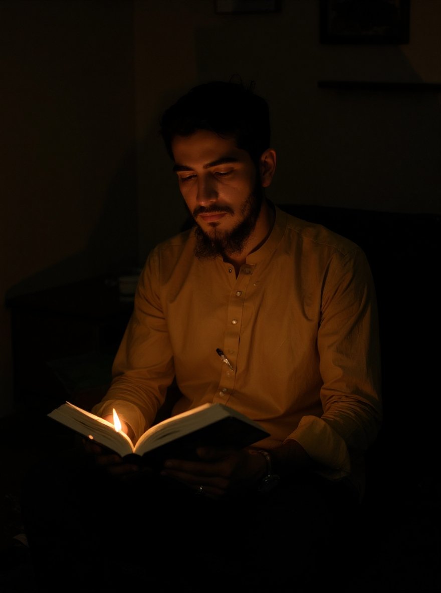 Promptopia4's tweet image. Young man sitting on floor in a dim room during power outage, face softly lit by candlelight, reading a book, simple decor, quiet and intimate vibe, realism in shadows and light, no face change.
#zonauang #IndependenceDay #IndependenceDay2025