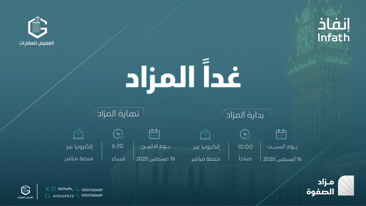 غدًا موعد الانطلاق
نحو استثمار لا يشبه سواه من قلب مكة المكرمة
تنطلق فرصتك  الذهبية لــ17 فرصة عقارية
خطوتك القادمة قد تغيّر مسار استثمارك…
لا تدع الغد يمر دون أن تكون جزءًا من #مزاد_الصفوة

🗓 السبت 16 أغسطس 2025 | 10:00 صباحًا
⏳ حتى الإثنين 18 أغسطس 2025 | 6:30 مساءً
💻 عبر