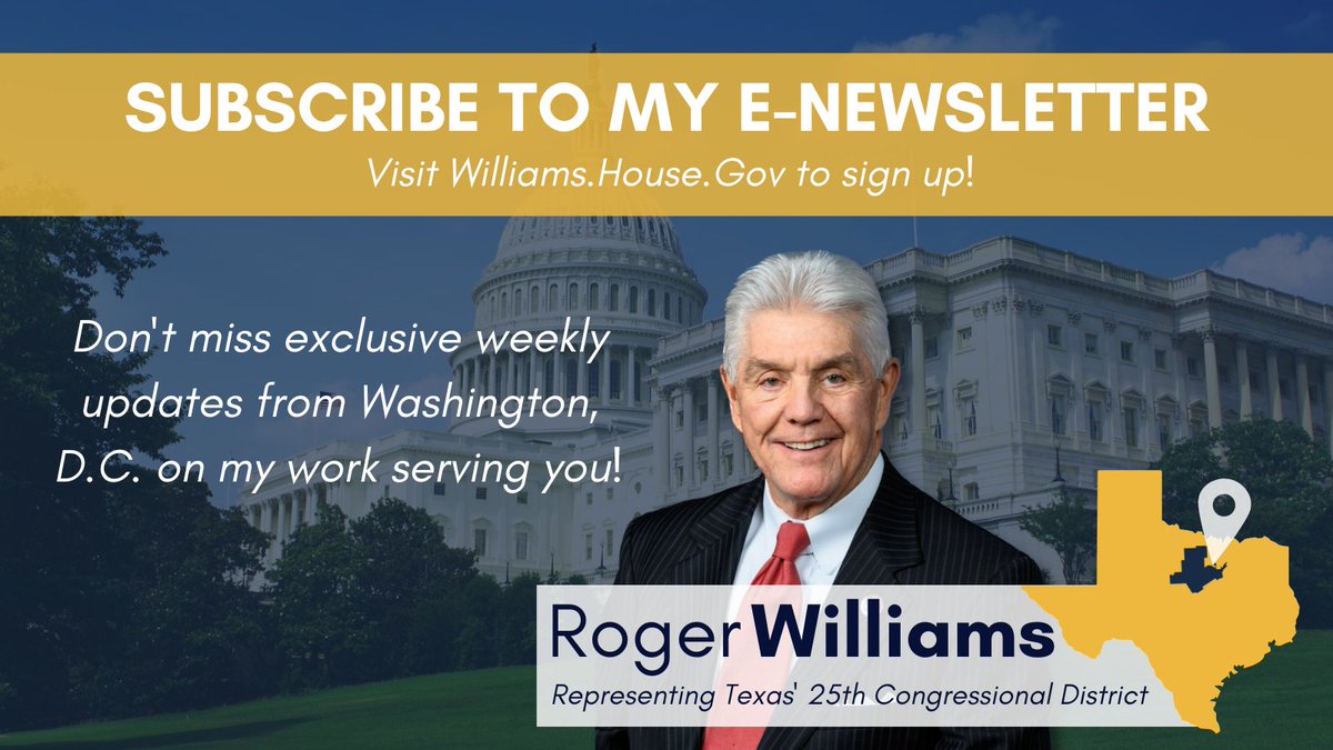 RepRWilliams's tweet photo. Don't miss this week's update on my work in Congress serving #TX25! Visit my website to subscribe to my weekly e-newsletter. 📧 https://t.co/4Wff0x4VHI