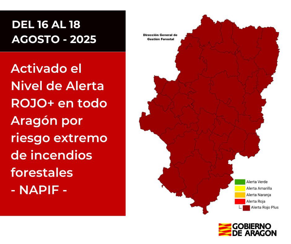 🔴 Alerta Rojo- Plus por peligro de incendios forestales en todo #Aragón los días 16,17 y 18 de agosto. 

👇Consulta las zonas afectadas y la previsión en el NAPIF.

tinyurl.com/muj2k2kj