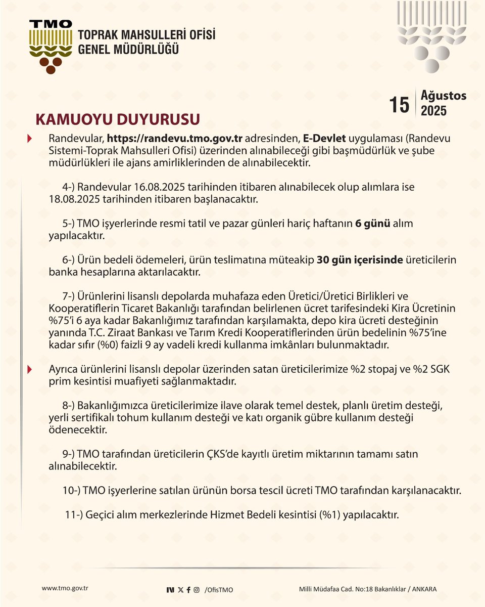 Toprak Mahsulleri Ofisi #Mısır alım fiyatını ton başına 11.300 TL olarak belirledi.
TMO, #Mısır alımlarına 18 Ağustos 2025 tarihinden itibaren başlayacak.
Alımlar randevu sistemiyle gerçekleştirilecek olup, sistem 16 Ağustos 2025 tarihinden itibaren erişime açılacaktır.