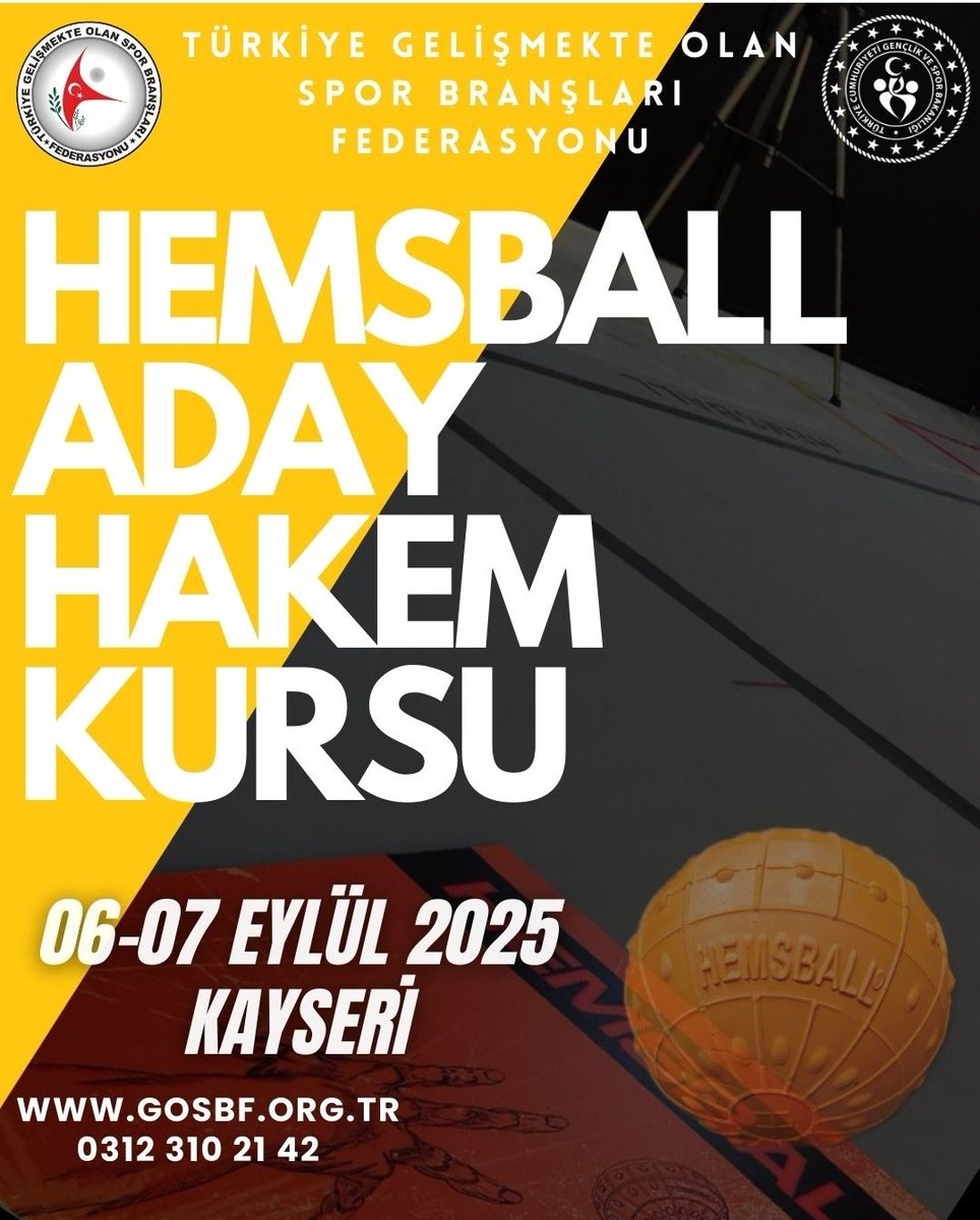 06-07 Eylül 2025 tarihlerinde Kayseri ilinde Hemsball Aday Hakem Kursu gerçekleştirilecektir.

Kursa ilişkin tüm detaylara resmi web adresimiz üzerinden ulaşabilirsiniz.
<a href="/OA_BAK/">Dr. Osman Aşkın Bak</a> 
<a href="/hamzayerlikaya/">Hamza Yerlikaya 🇹🇷</a> 
<a href="/fjuysal/">Fatih UYSAL</a> 
<a href="/gencliksporbak/">Gençlik ve Spor Bakanlığı 🇹🇷</a> 
<a href="/GSBsporgm/">Spor Hizmetleri Genel Müdürlüğü</a>