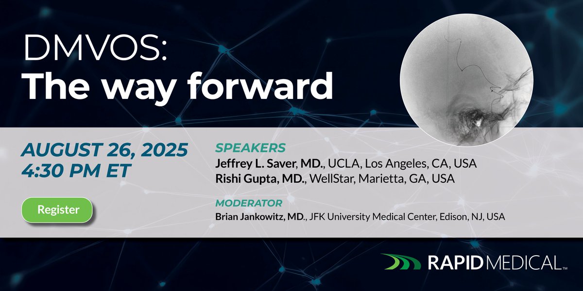 SNISinfo's tweet image. Join Jeffrey Saver, MD, Rishi Gupta, MD and moderator @BrianJankowitz  on 8/26 at 4:30PM ET for "DMVOS: The way forward". Thank you to @Rapid__Medical  for sharing this webinar with our members.
Register: register.gotowebinar.com/register/30302…