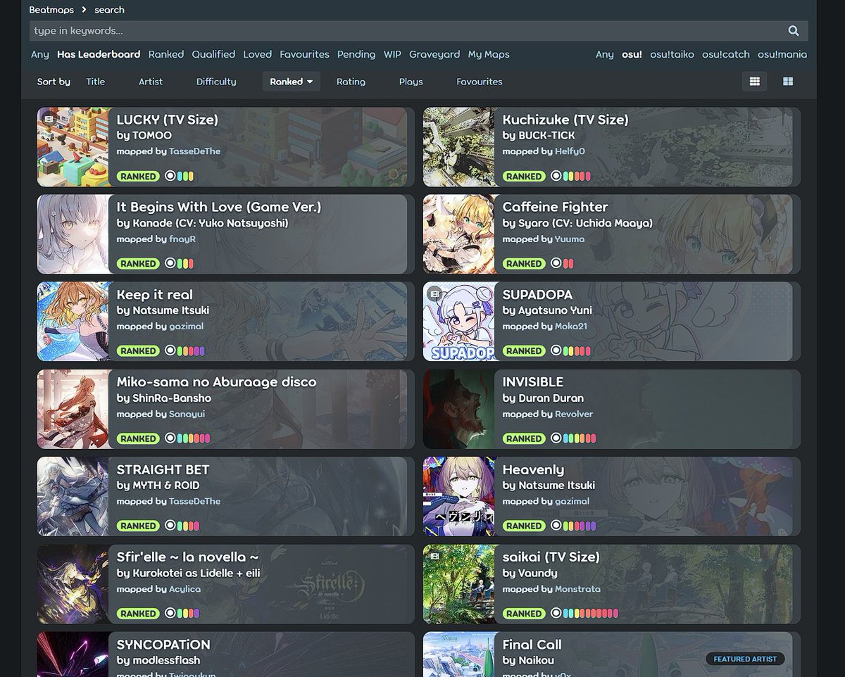 sytho_osu's tweet image. how about mappers work on ranking more songs that target a wider audience. look at this shit, i dont know what any of these songs are. &amp;gt; 95% mappers genuinely have the worst music taste too

theres 3 drake songs in ranked yet hes approaching 100b streams