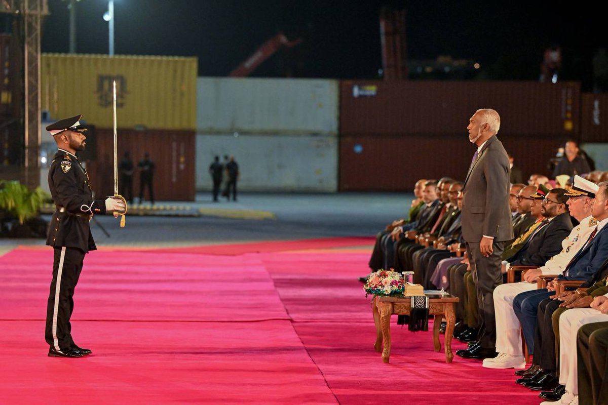 presidencymv's tweet photo. President Dr @MMuizzu attends the handover ceremony of the Türkiye-donated Navy ship to @MNDF_Official tonight.

The ship is part of broader defence cooperation, boosting maritime security and strengthening Maldives–Türkiye ties https://t.co/el5flegvno