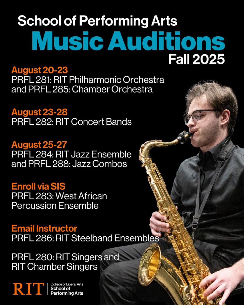 Calling all musicians! 🎺🎻🎹

RIT School of Performing Arts music ensemble auditions are happening August 20–27! We have opportunities available in a variety of orchestras, bands, and ensembles.

Audition details > rit.edu/performingarts…