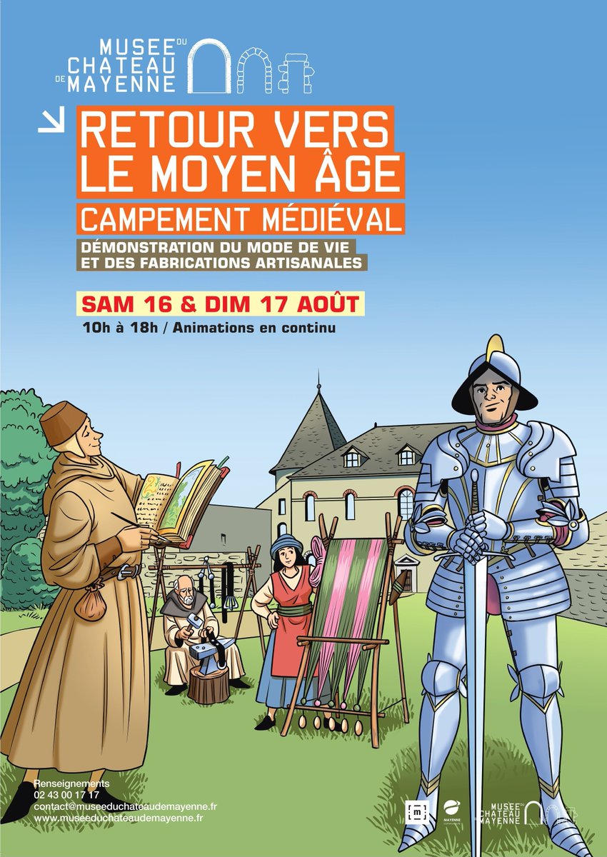 L'équipe du musée vous donne rendez-vous ce week-end dans le parc et le château de Mayenne pour découvrir le campement médiéval ! 🤩
Des compagnies spécialisées dans la reconstitution historique vous feront voyager au Moyen Âge. 🏰
<a href="/Mayenne_Ville/">Ville de Mayenne</a>