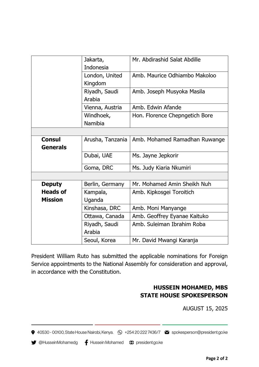 #RDC -#KENYA : Urgent 🚨 | Bonne nouvelle pour la population sous l’administration AFC/M23 | Le président <a href="/WilliamsRuto/">William Samoei Ruto, PhD</a> nomme un consul général kényan à #Goma.