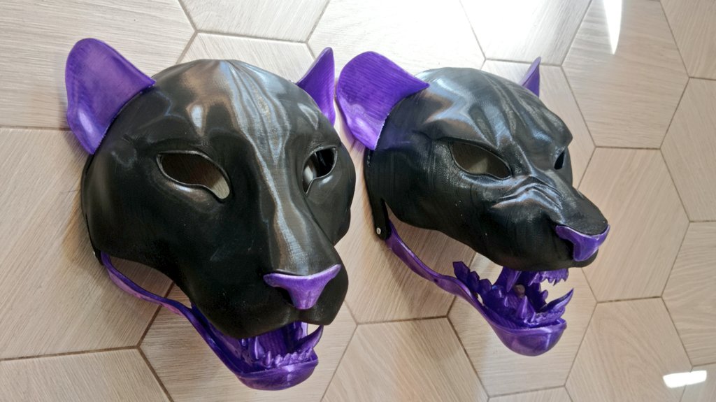 OmegaLionessVY's tweet photo. Our masks Feline Tiger vol.1 and Feline lion roaring vol.1.  Black kits were printed with our old printer Bluer Two Trees, violet parts were printed with our new Qidi X-Max 3

#3d #3dprint #printing #modeling #cg #cosplay #mask #furry #feral #fursuit #feline https://t.co/pxjGCLL1Yw