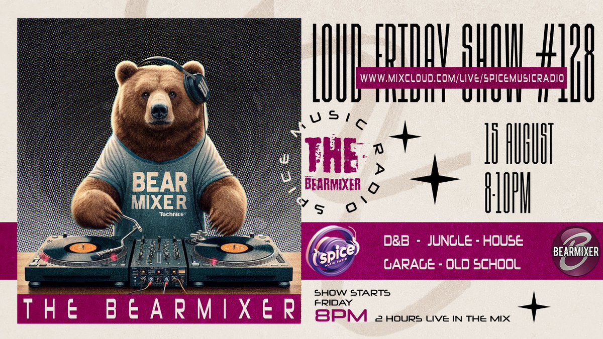 Its Friday people, come on, lets 'av it, the weekend is here, get Ready for another set with The BearMixer Spinning a mix of Liquid Drum &amp; Bass, with a touch of Jungle. 

Keep it Locked
Tune in Live tonight 15th August 8 -10pm, on mixcloud.com/LIVE/spicemusi… 

Bless up. One Love.