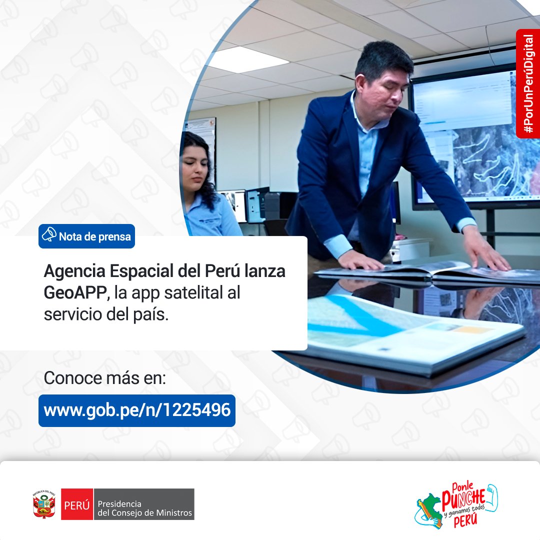 📣La Agencia Espacial del Perú (#CONIDA) presenta #GeoAPP, una plataforma gratuita que ofrece acceso en tiempo real a imágenes satelitales de alta resolución captadas por el satélite PeruSAT-1, con integración de IA para analizar cambios en el territorio como huaicos, derrames o