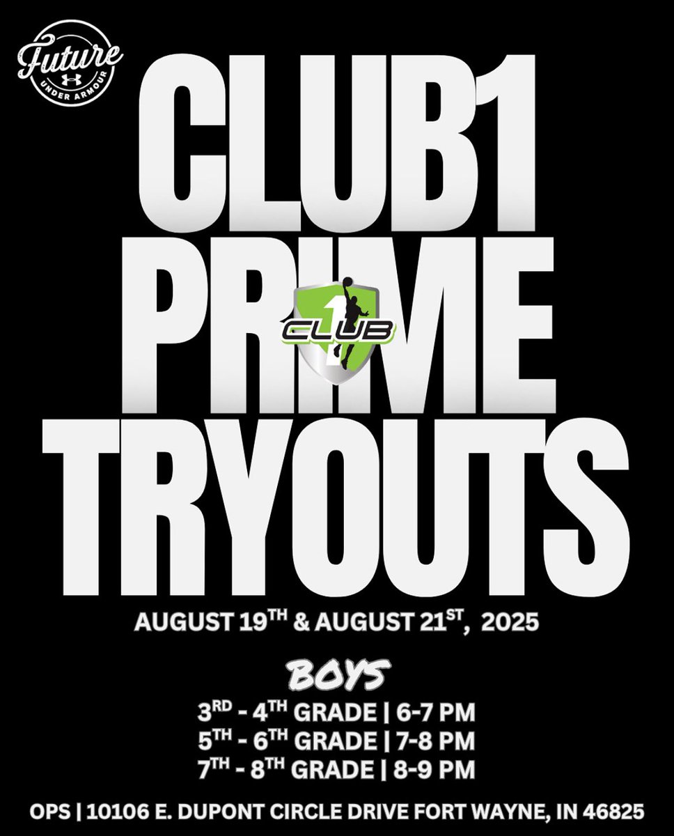 🚨Next Week🚨

August 19 &amp; August 21  

Club1 Prime Boys Tryouts 
3rd-4th | 6-7 pm
5th-6th | 7-8 pm 
7th-8th | 8-9 pm
*times the same both dates

Location: OPS DuPont

Club1 is forming new teams &amp; filling roster spots on existing teams.

Register today: bit.ly/4o0XpoD