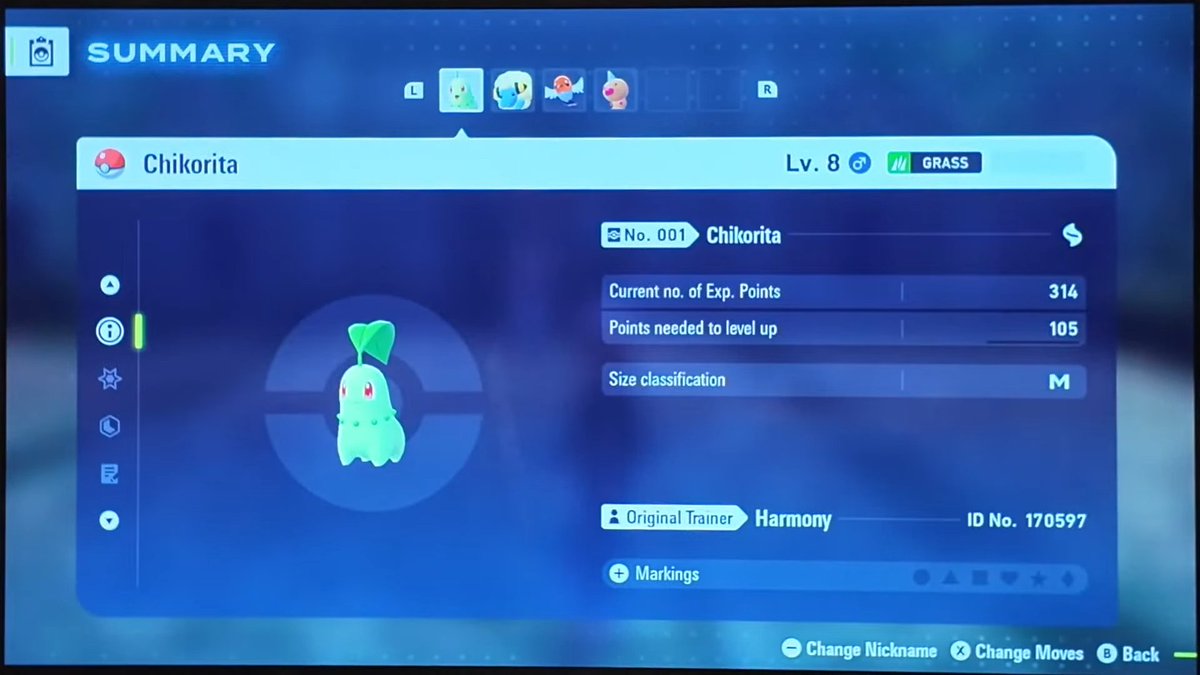 PLDHnet's tweet image. Here&apos;s Pokémon Legends Z-A&apos;s party screen. Your Pokémon&apos;s size is shared on its profile! Your starter, for instance, comes at a medium/average size. The game doesn&apos;t have abilities, but held items and natures do return.