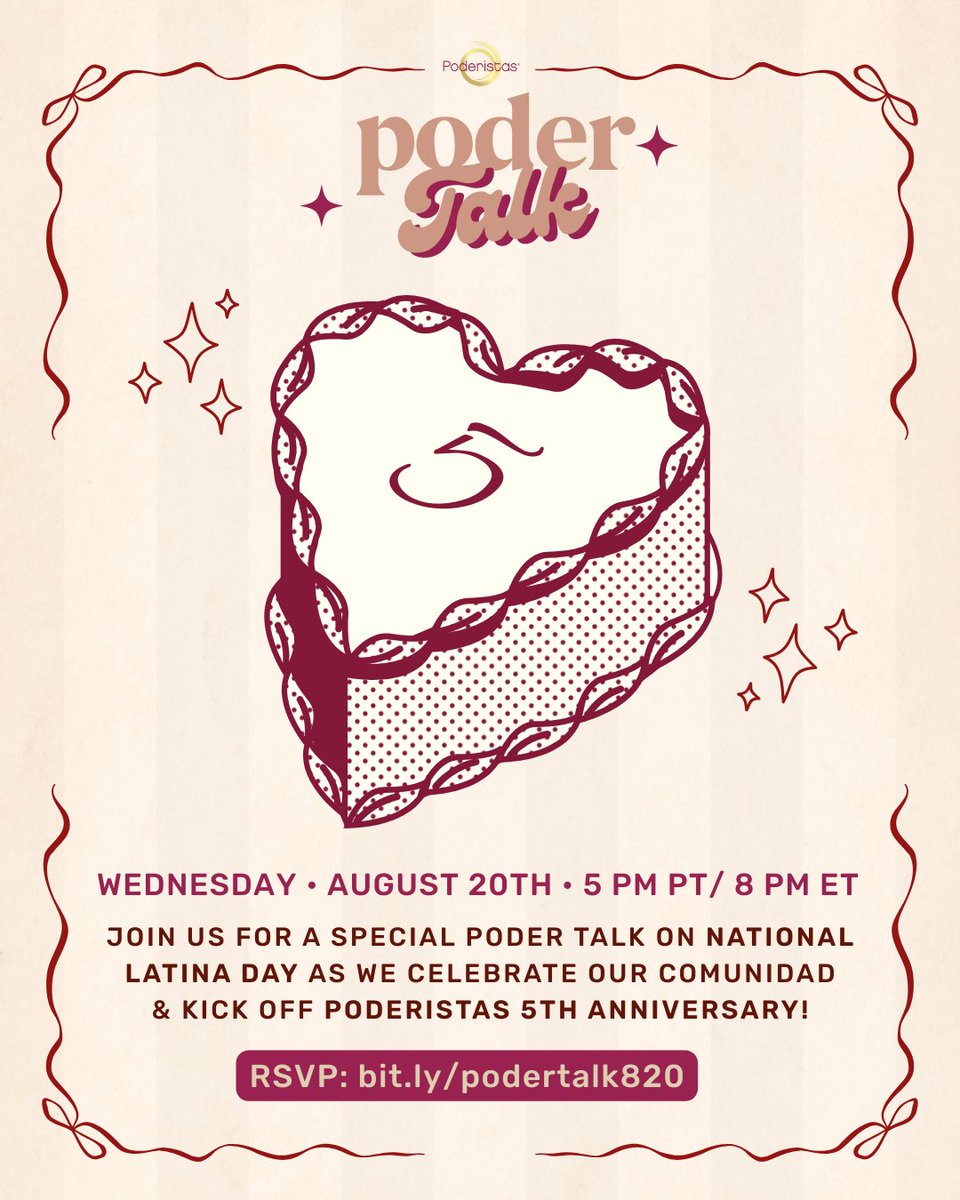 poderistas's tweet image. Five years ago, #Poderistas launched with a big vision: to celebrate Latina culture and harness our collective power. This National #LatinaDay, we’re honoring how far we’ve come.

📅 Tuesday, August 20
⏰ 5PM PT | 8PM ET
🔗 RSVP now: bit.ly/podertalk820